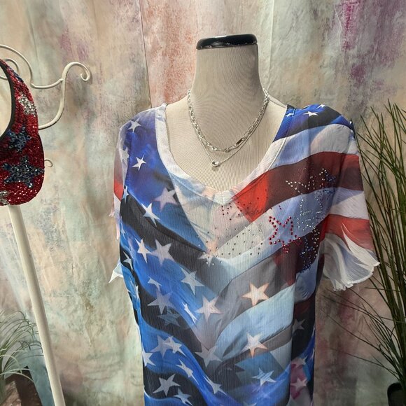 📌CLOSET FULL 4TH OF JULY Stars & Stripe Chiffon Dress with Underdress - Picture 4 of 14